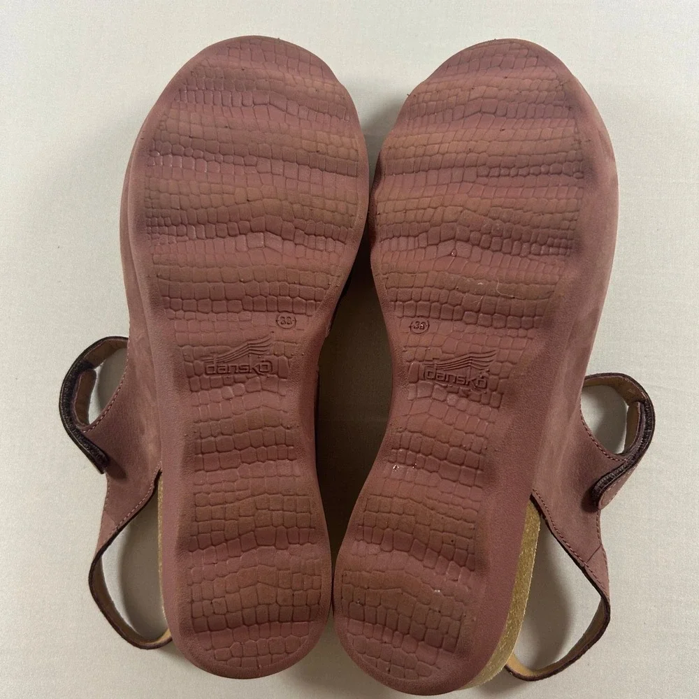 Dansko Marcy Sandals Womens 38 / 7.5-8 Rose Nubuck Leather Peep Toe Cork Heel